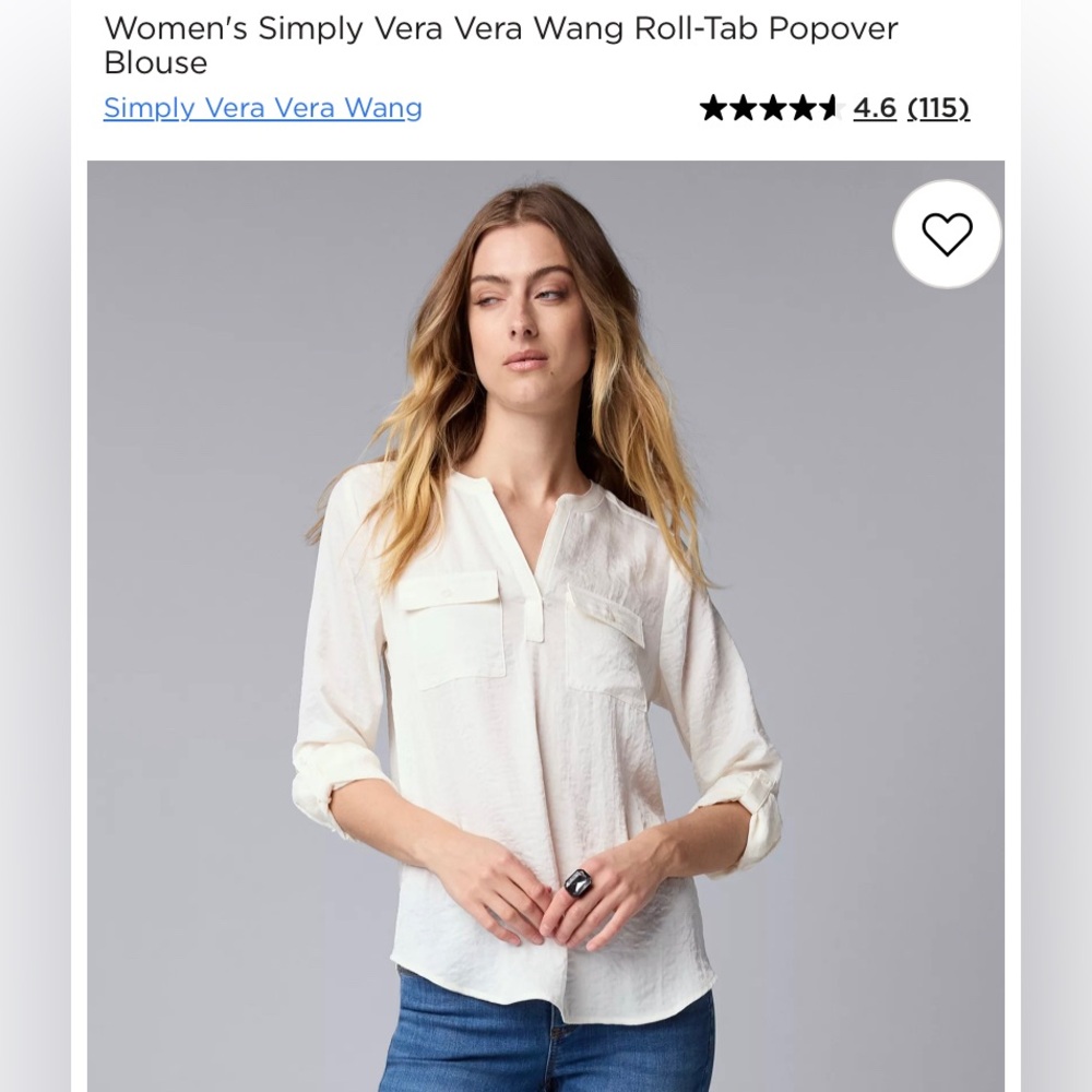 NWT- Simply Vera- roll tab popover blouse split neck (L) Vera Wang ivory white - Picture 2 of 12